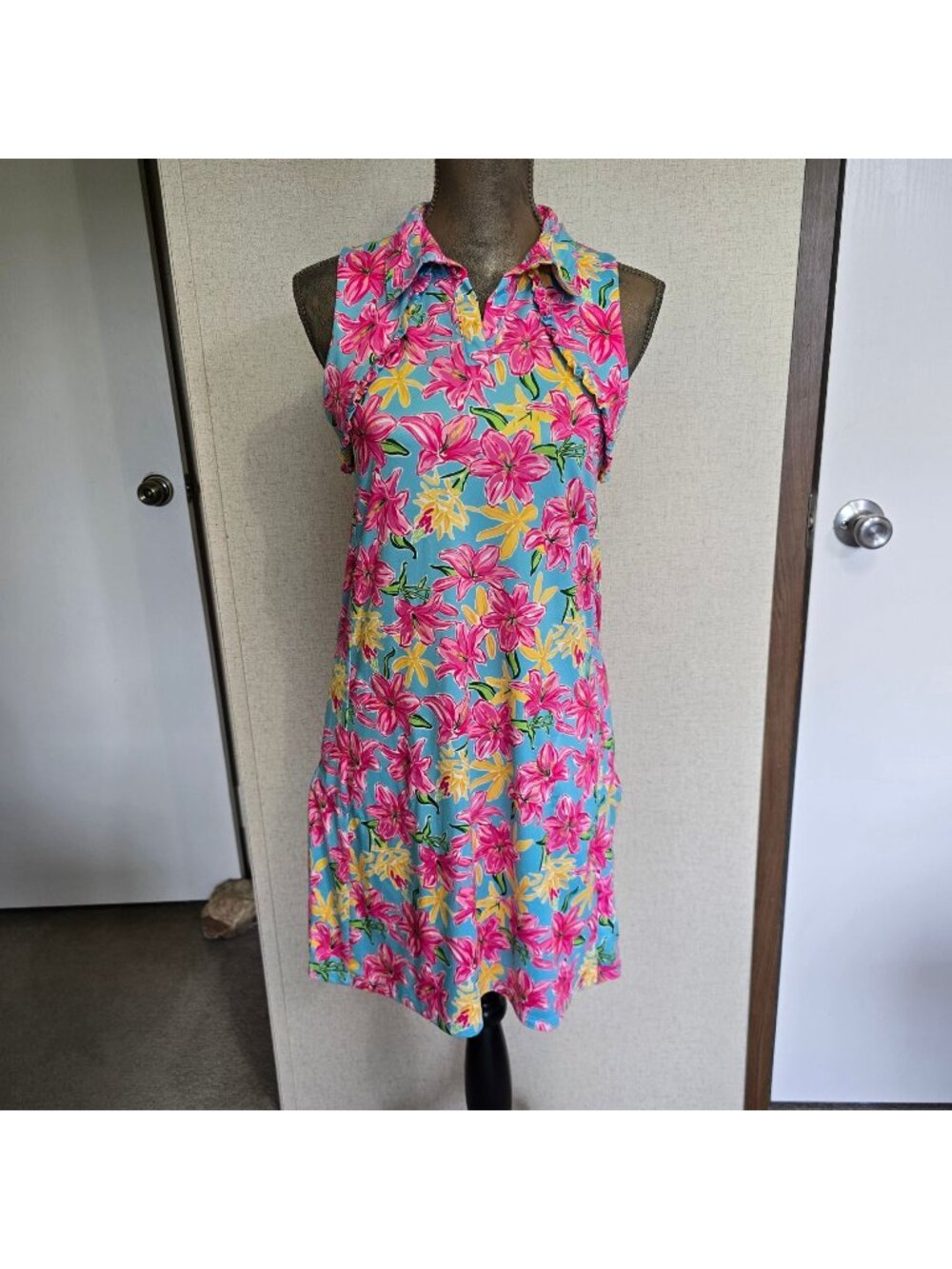 Gottex Small Sleeveless Tropical Floral Shift Dress Collared Blue Pink Yellow